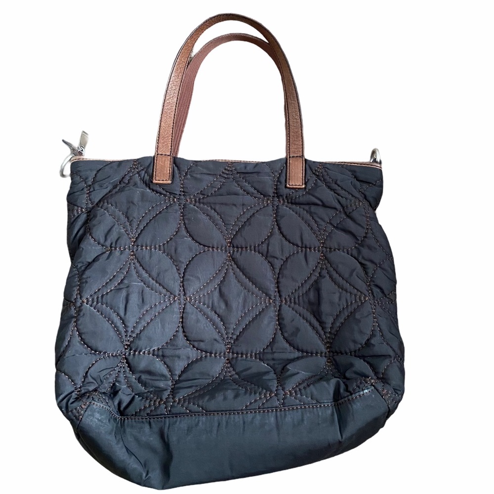 Fossil Black Quilted Tote with Brown Handles